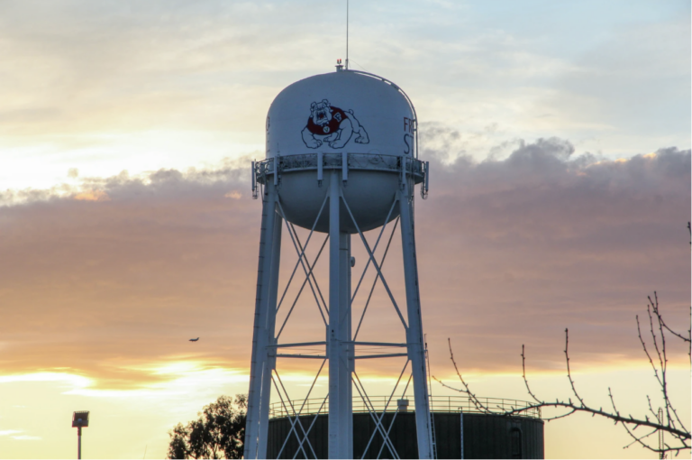 The Fresno State water tower shows the campus bulldog masscot. Photo courtesy of Cresencio Rodriguez-Delgado / KVPR